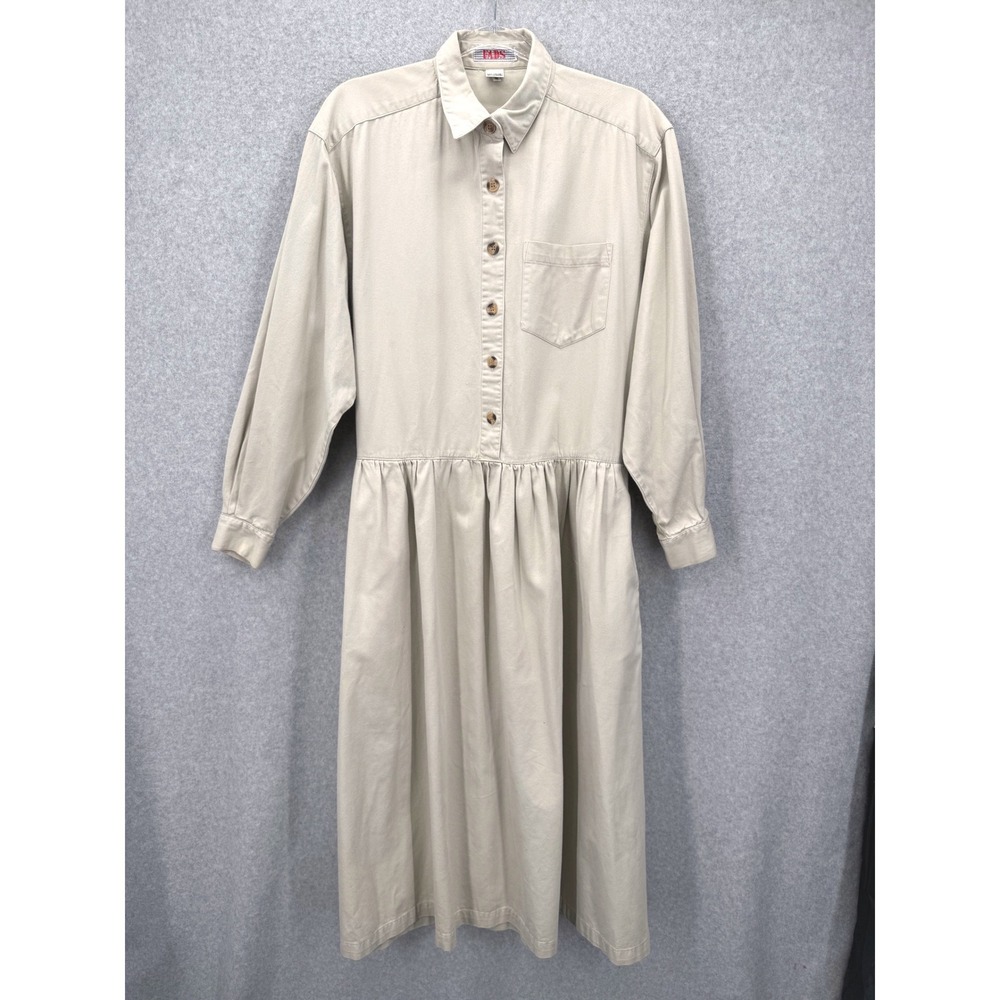 Fads Shirt Dress Women L Beige Vintage 90s Cotton Utility Pleated Midi